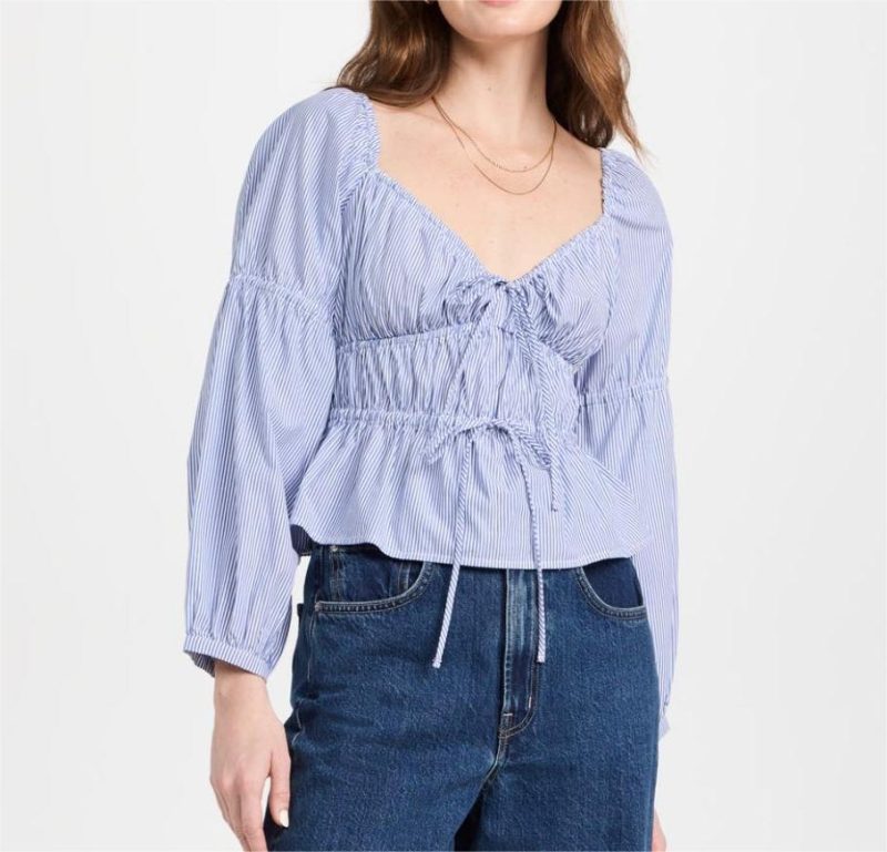 Spring Women  Striped Pullover V neck Lace up Long Sleeve Loose Top