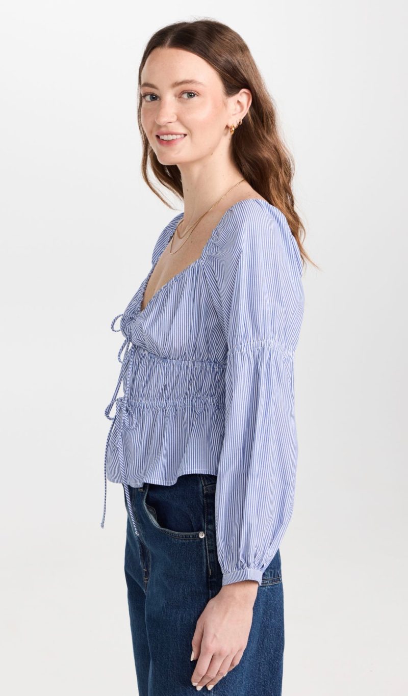 Spring Women  Striped Pullover V neck Lace up Long Sleeve Loose Top - Image 2