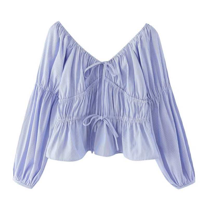 Spring Women  Striped Pullover V neck Lace up Long Sleeve Loose Top - Image 3