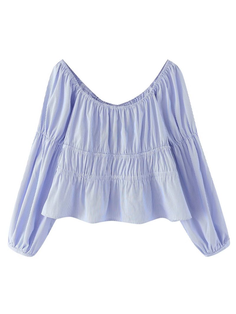 Spring Women  Striped Pullover V neck Lace up Long Sleeve Loose Top - Image 4
