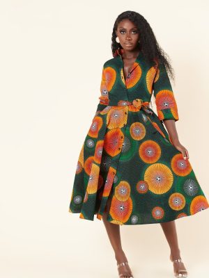 African Women Wear Mid Length Long Sleeve Printed Shirt Dress