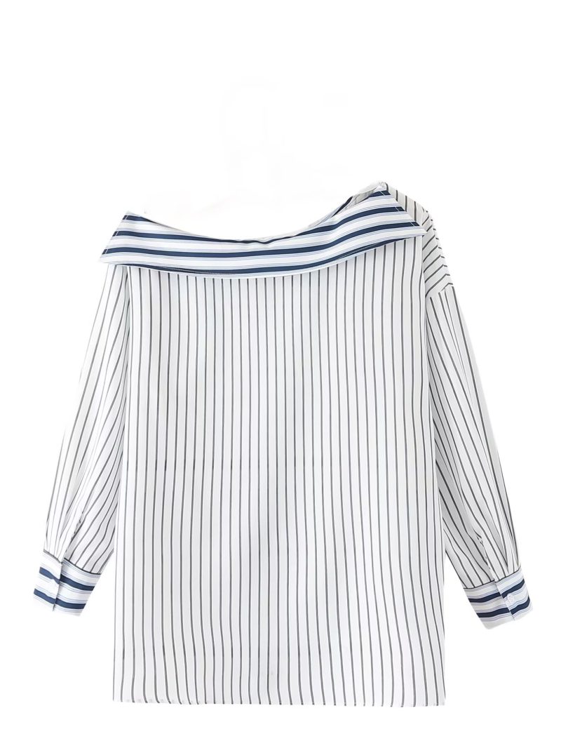 Autumn Clothing Elegant Striped Halter Personality Exposed Shoulder Design Long Sleeve Shirt Women - Image 2