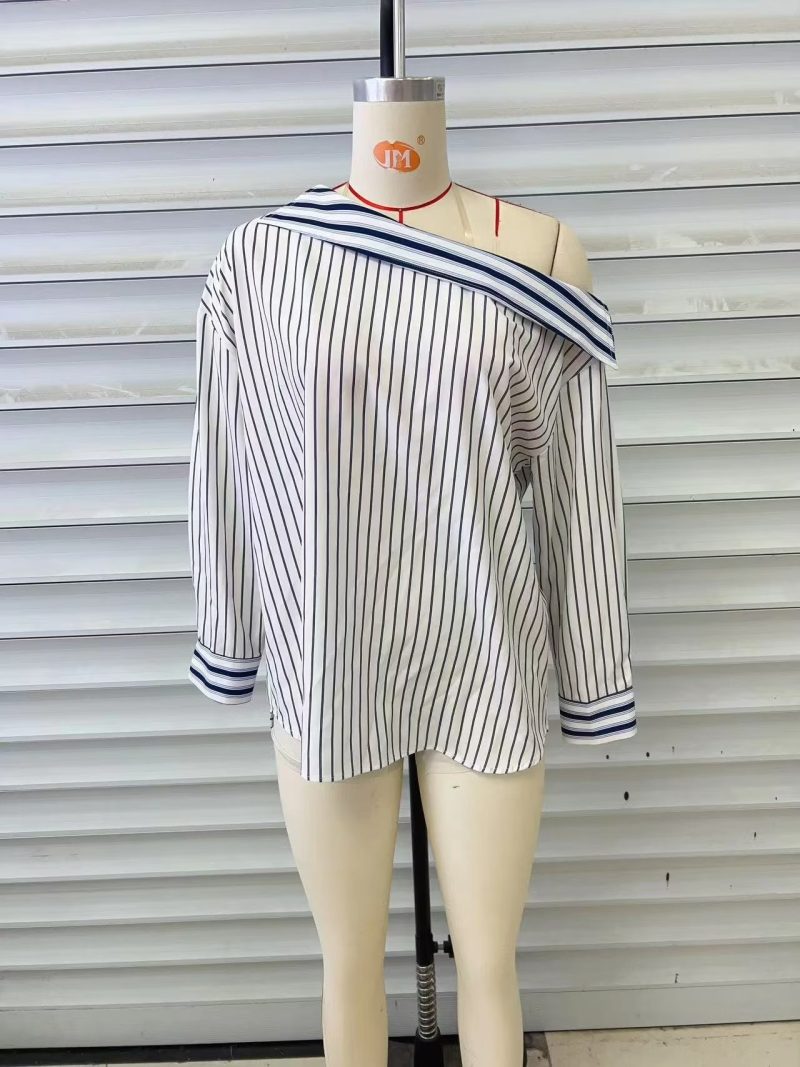 Autumn Clothing Elegant Striped Halter Personality Exposed Shoulder Design Long Sleeve Shirt Women - Image 3