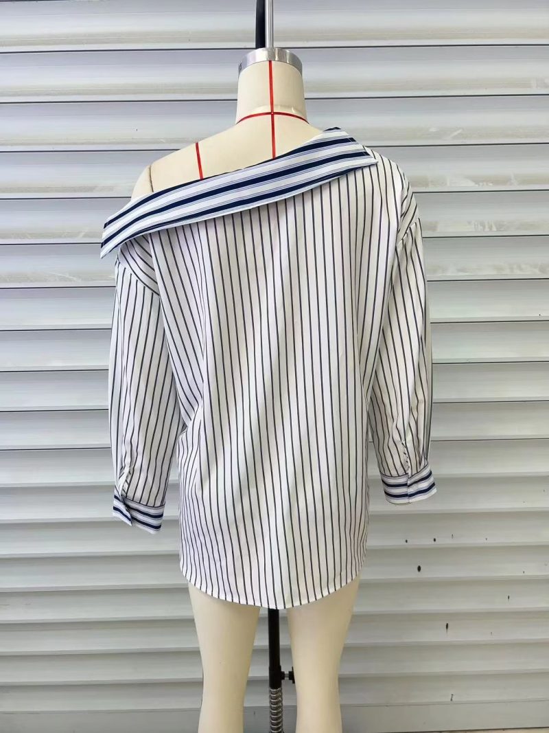 Autumn Clothing Elegant Striped Halter Personality Exposed Shoulder Design Long Sleeve Shirt Women - Image 5