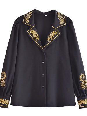 Spring Collar Machine Embroidery Chiffon Shirt Blouse Western