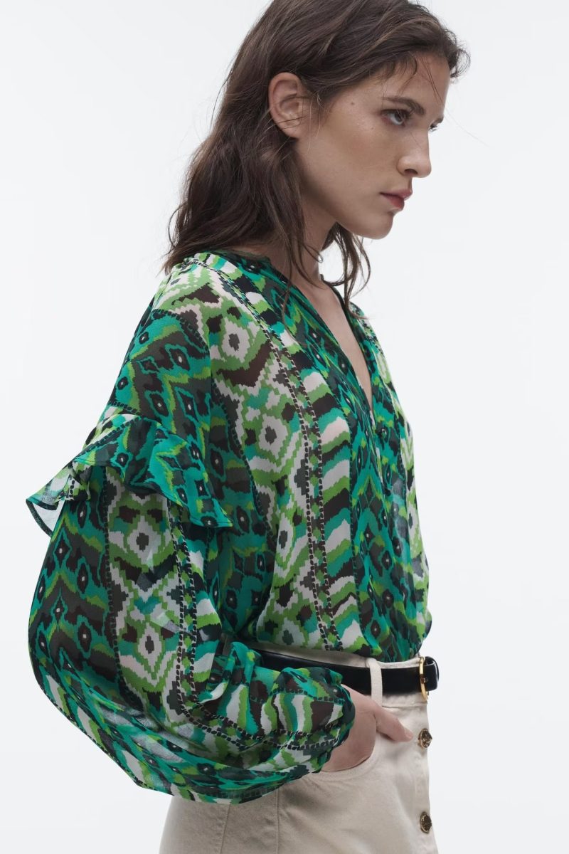 Printed Pullover Green Women  Clothing Early Spring Horizontal Crepe Silk Floral Printed French Frill Shirt with Ribbon - Image 2