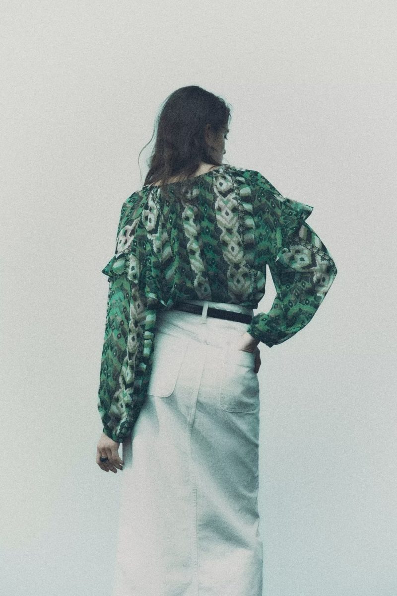 Printed Pullover Green Women  Clothing Early Spring Horizontal Crepe Silk Floral Printed French Frill Shirt with Ribbon - Image 3