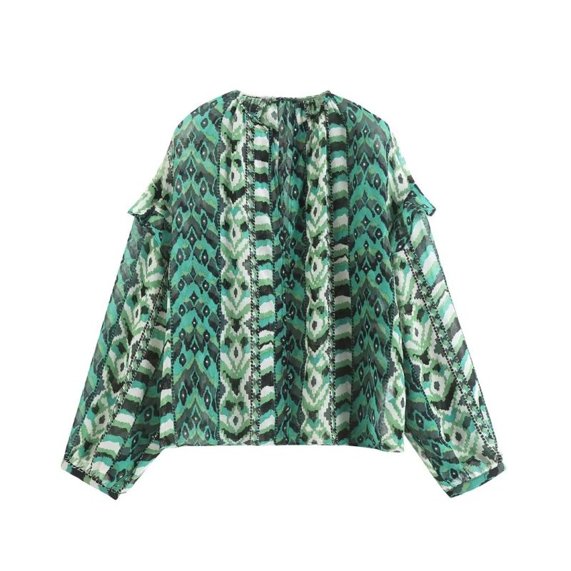 Printed Pullover Green Women  Clothing Early Spring Horizontal Crepe Silk Floral Printed French Frill Shirt with Ribbon - Image 4