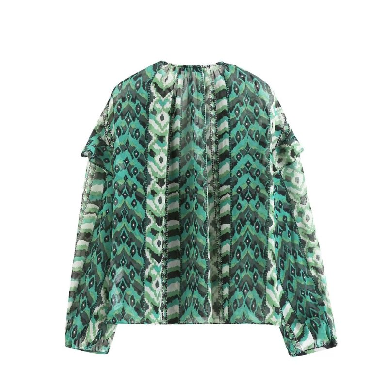 Printed Pullover Green Women  Clothing Early Spring Horizontal Crepe Silk Floral Printed French Frill Shirt with Ribbon - Image 5