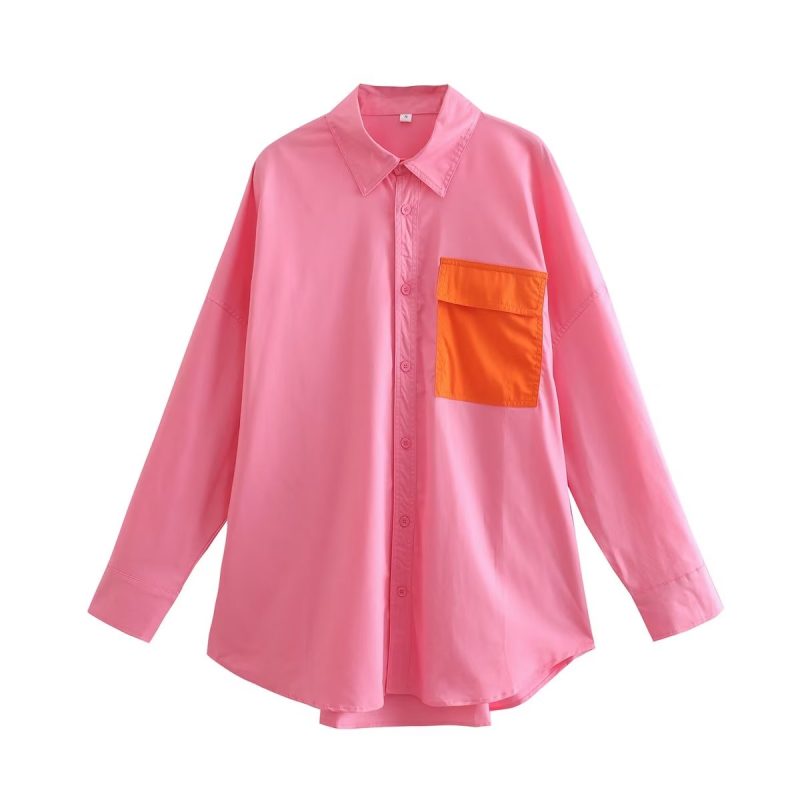 Contrast Color Pocket Long Collared Shirt Women Spring Autumn Casual Single Breasted Shirt - Image 2