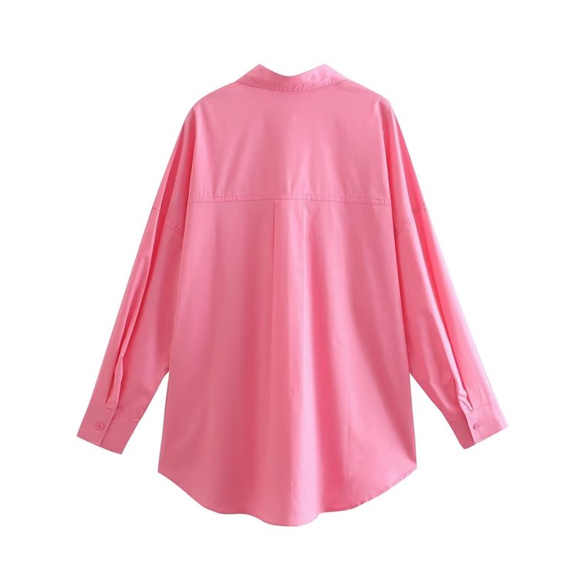 Contrast Color Pocket Long Collared Shirt Women Spring Autumn Casual Single Breasted Shirt - Image 3