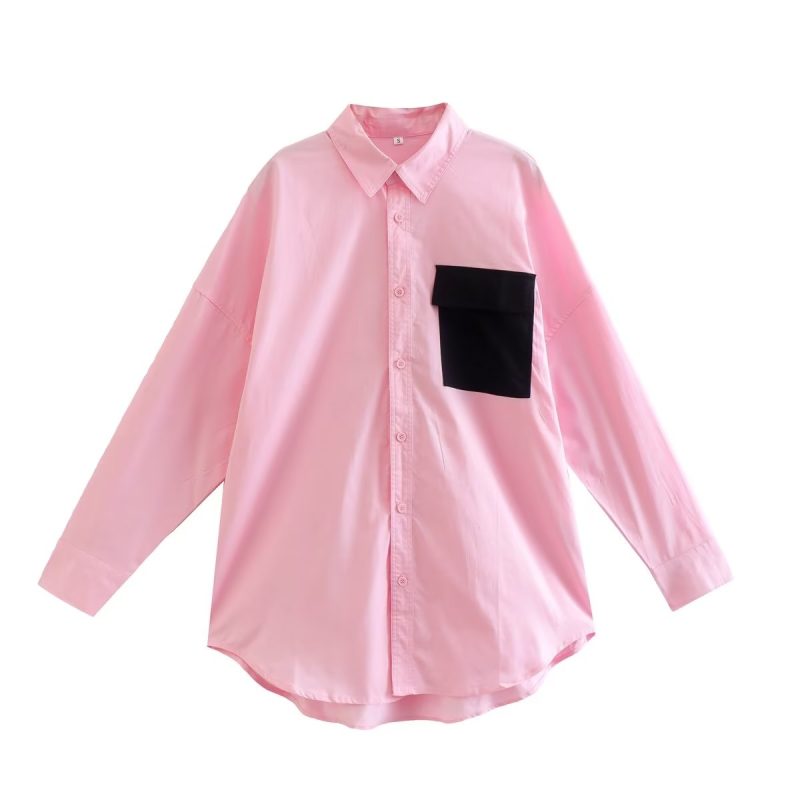 Contrast Color Pocket Long Collared Shirt Women Spring Autumn Casual Single Breasted Shirt - Image 4