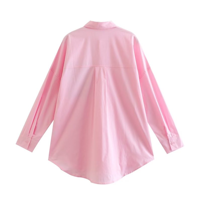 Contrast Color Pocket Long Collared Shirt Women Spring Autumn Casual Single Breasted Shirt - Image 5