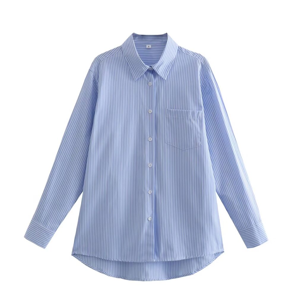 Summer Women Clothing Collared Long Sleeve Chest Pocket Shirt - Image 2