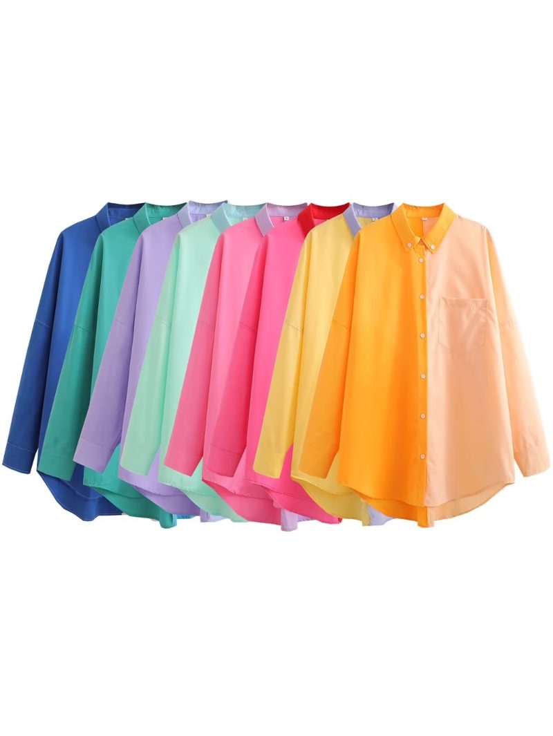 Spring  Contrast Color Shirt Single Breasted Long Shirt - Image 2