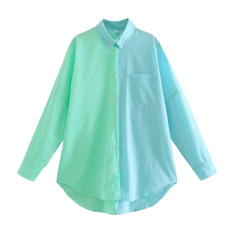 Spring  Contrast Color Shirt Single Breasted Long Shirt - Image 4
