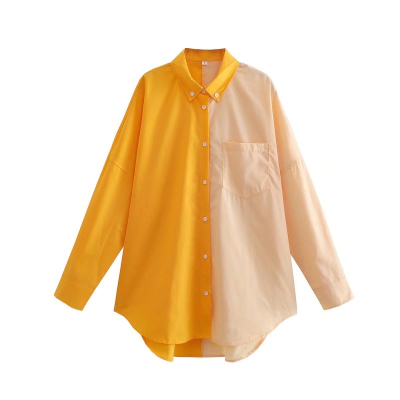 Spring  Contrast Color Shirt Single Breasted Long Shirt - Image 6