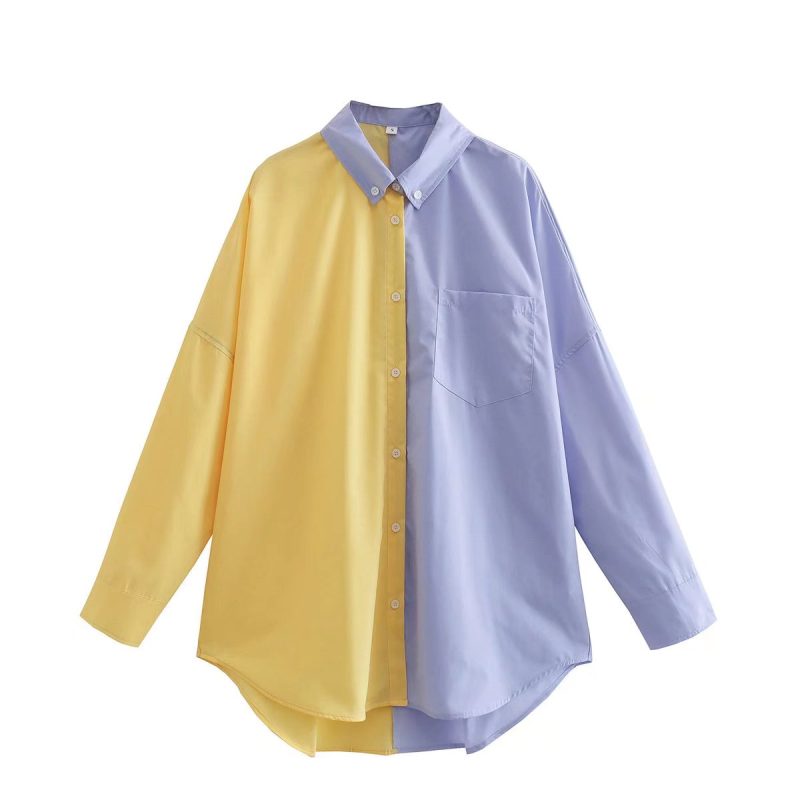 Spring  Contrast Color Shirt Single Breasted Long Shirt - Image 8