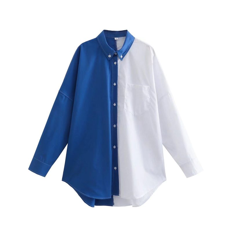 Spring  Contrast Color Shirt Single Breasted Long Shirt - Image 9