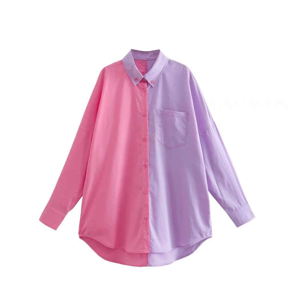 Spring  Contrast Color Shirt Single Breasted Long Shirt - Image 10