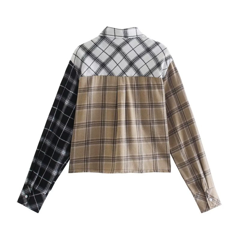 Spring Color Contrast Check Shirt Collared Single Breasted Top - Image 3