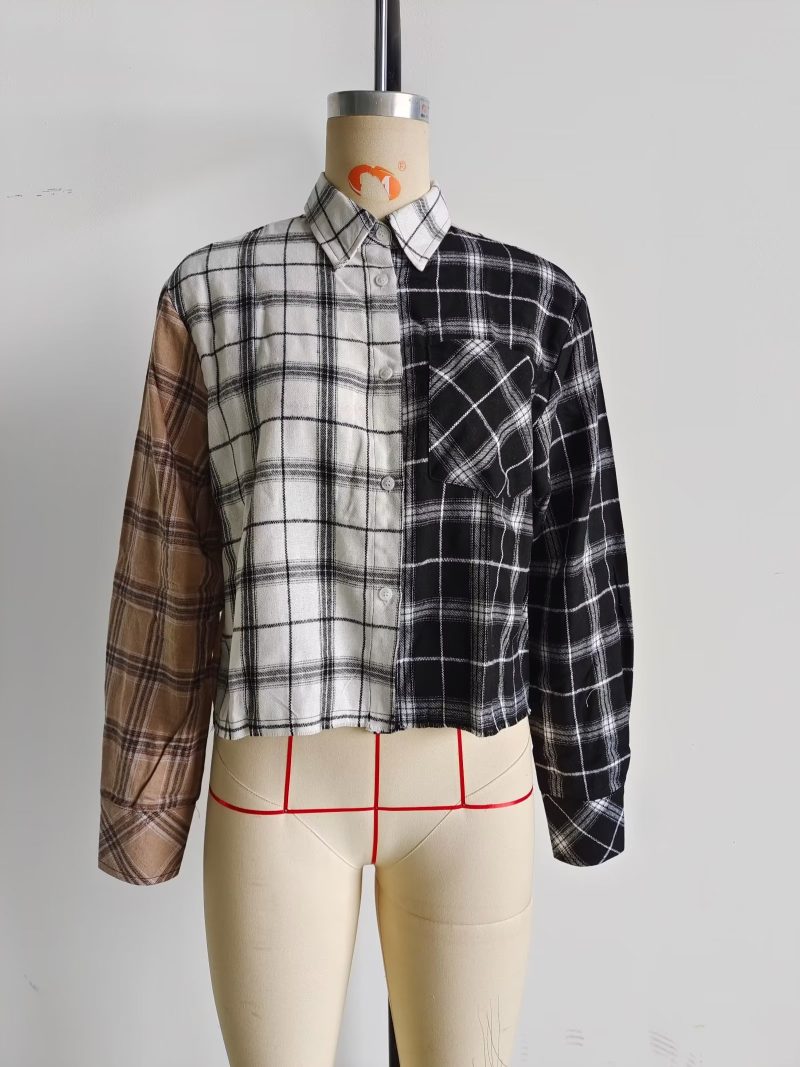 Spring Color Contrast Check Shirt Collared Single Breasted Top - Image 4