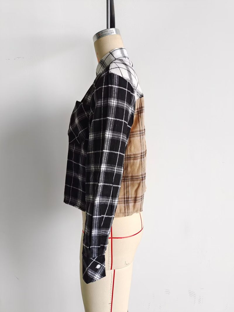 Spring Color Contrast Check Shirt Collared Single Breasted Top - Image 5