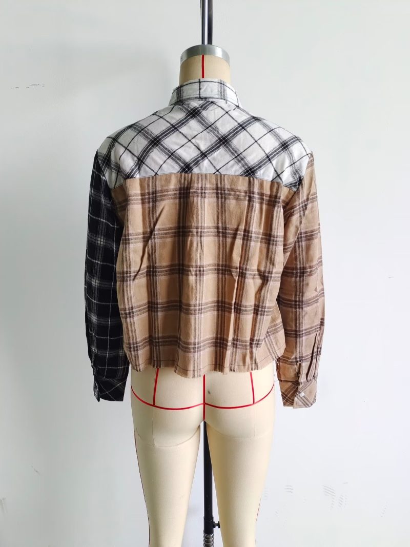 Spring Color Contrast Check Shirt Collared Single Breasted Top - Image 6