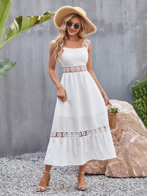 Solid Color Hollow Out Lace Stitching Square Collar Sleeveless Strap Dress