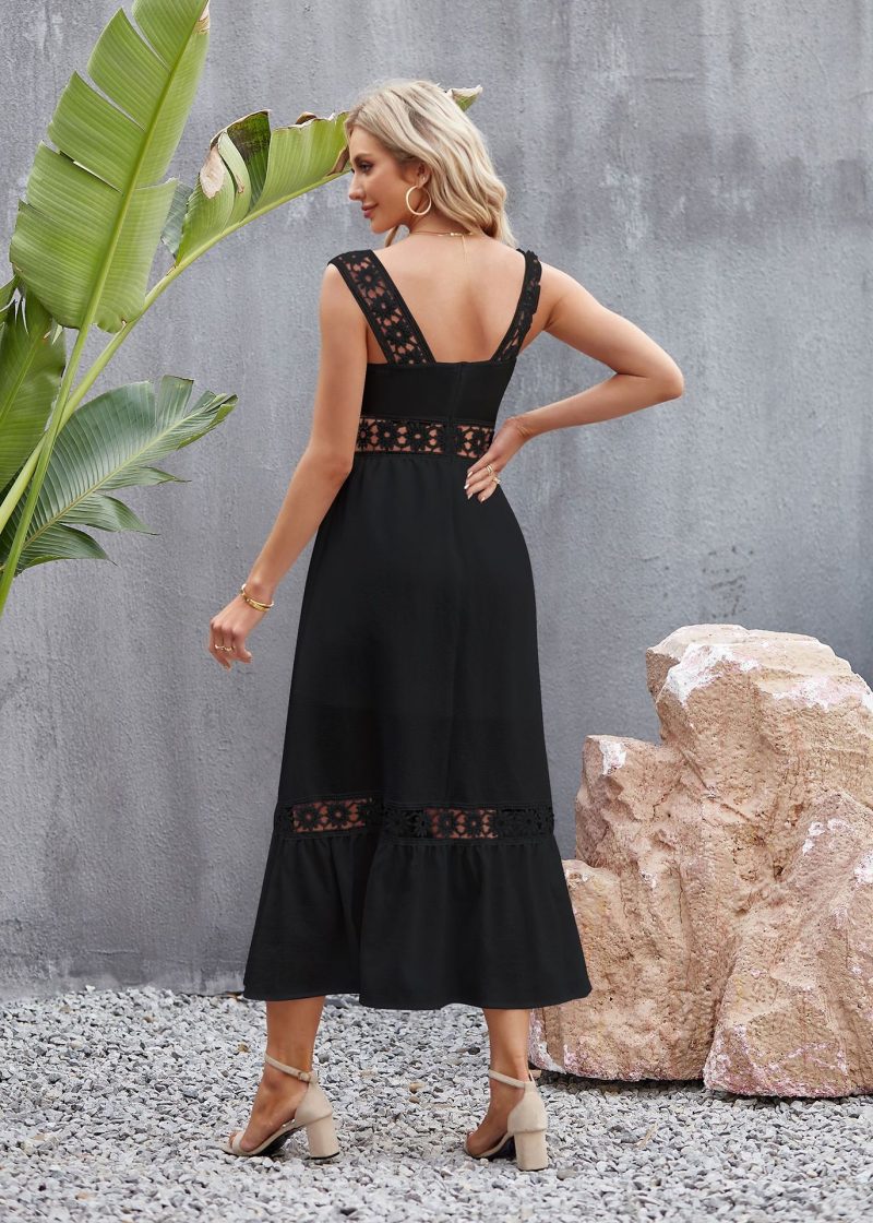 Solid Color Hollow Out Lace Stitching Square Collar Sleeveless Strap Dress - Image 4