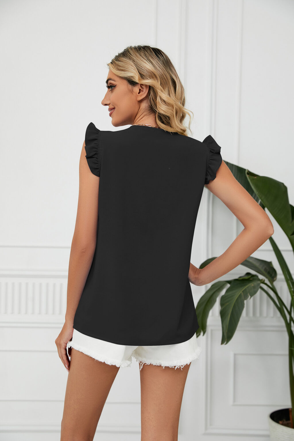 Spring Summer Lace Contrast Color V neck Short Sleeve Loose Chiffon Blouses Women - Image 8
