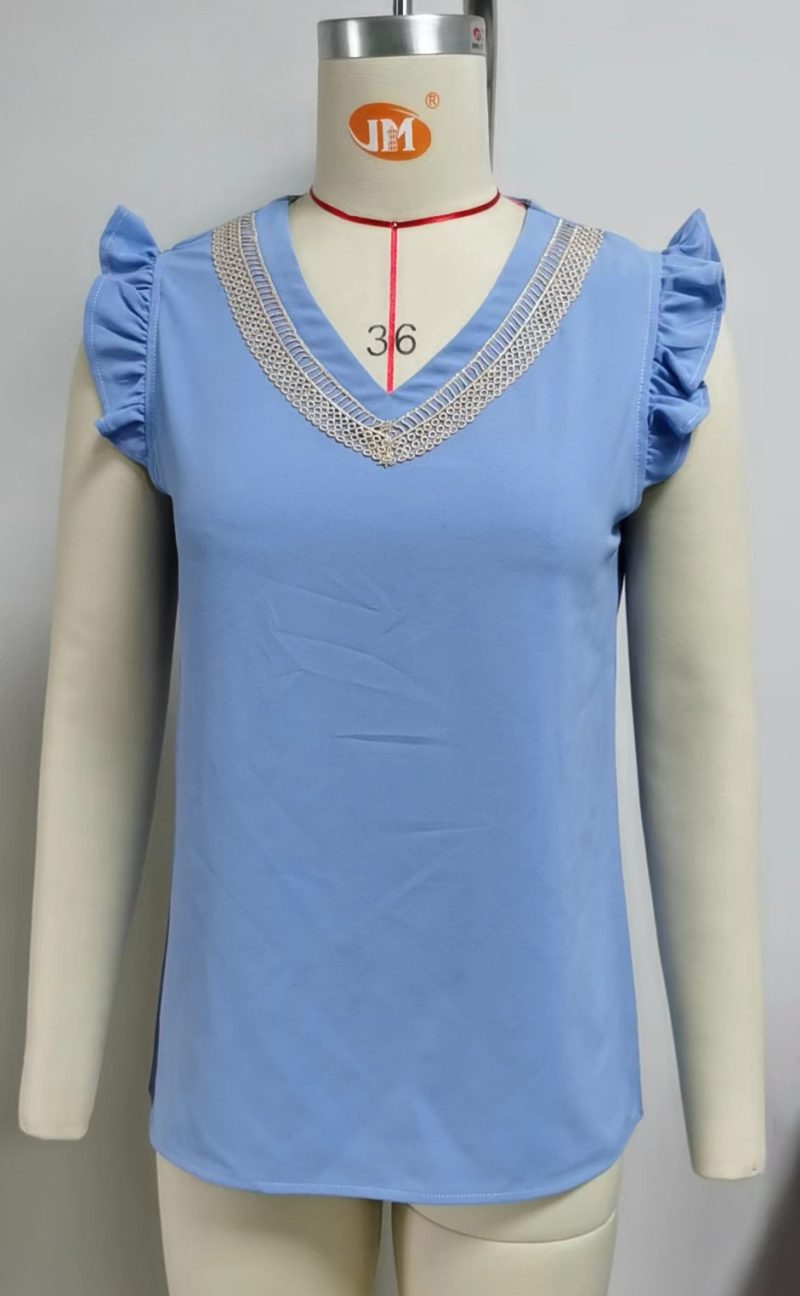 Spring Summer Lace Contrast Color V neck Short Sleeve Loose Chiffon Blouses Women - Image 11