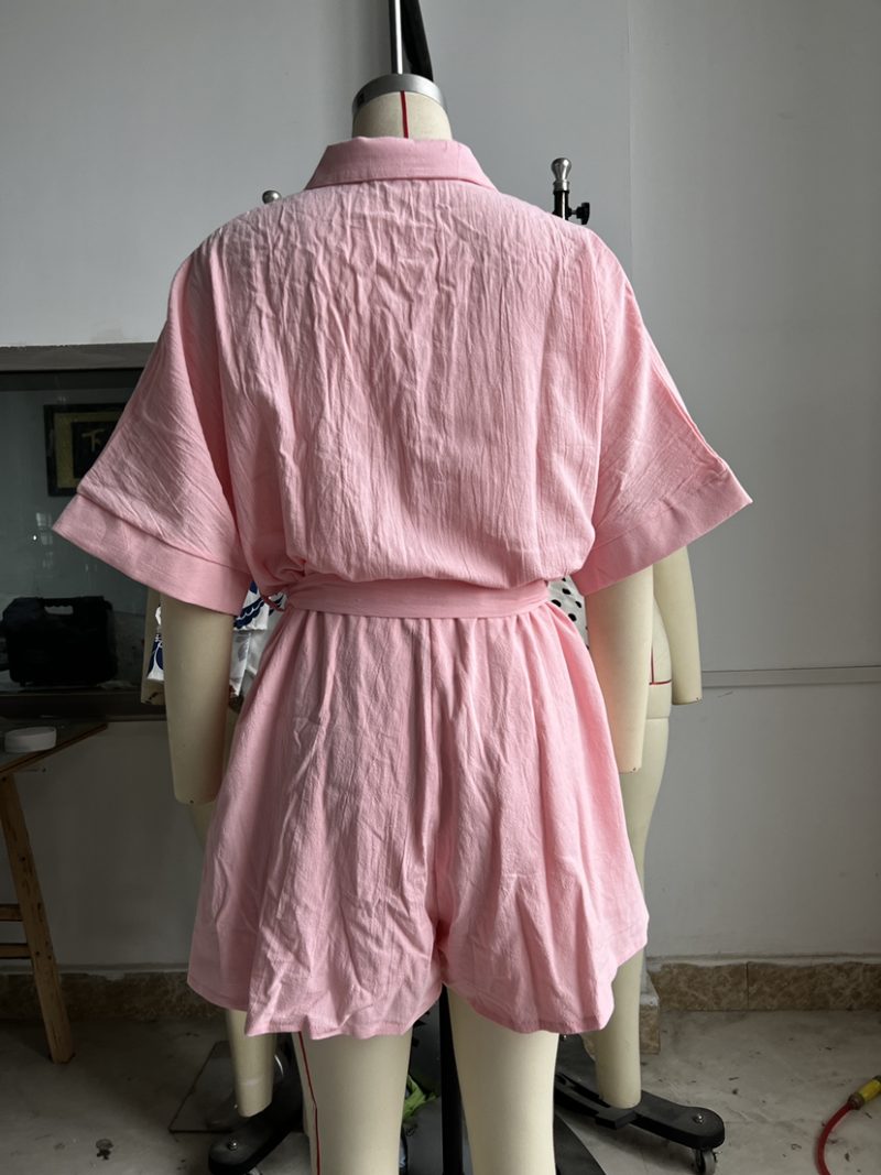 Women Clothing Polo Collar Mid Sleeve Waist Lace up Loose Romper - Image 6