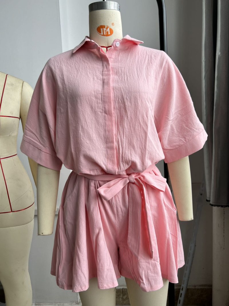 Women Clothing Polo Collar Mid Sleeve Waist Lace up Loose Romper - Image 5