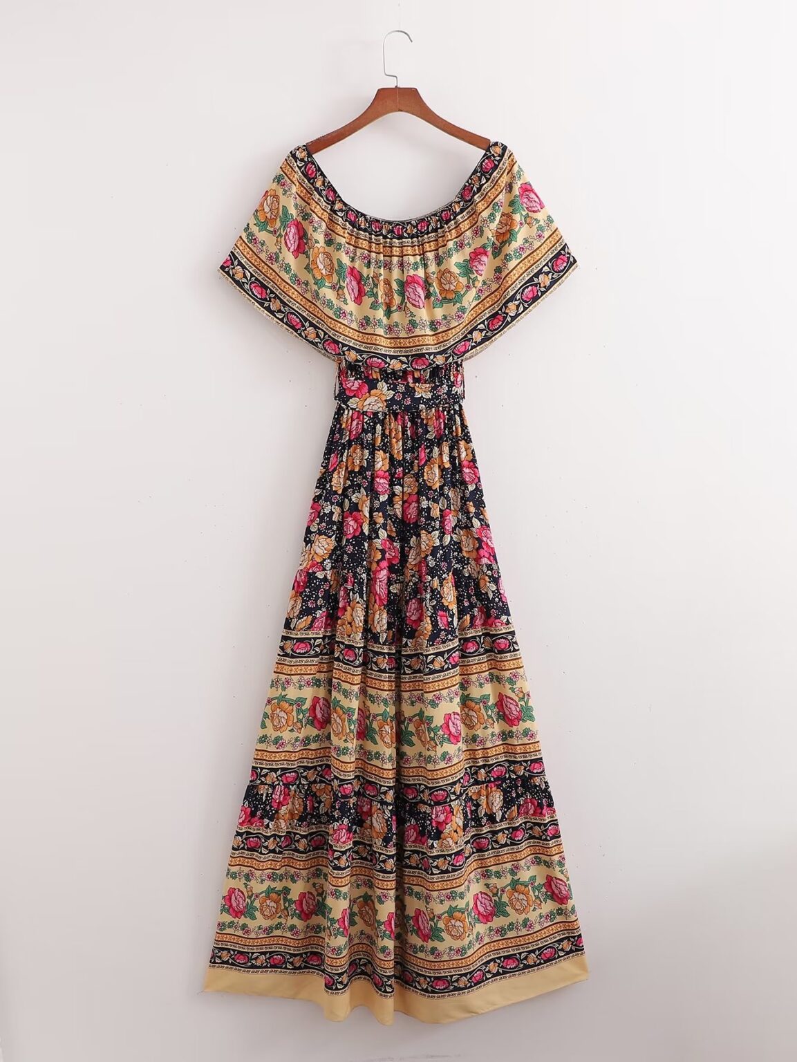 Spring Women  Clothing Positioning Printing Word Collar Belt Maxi Dress - Image 2