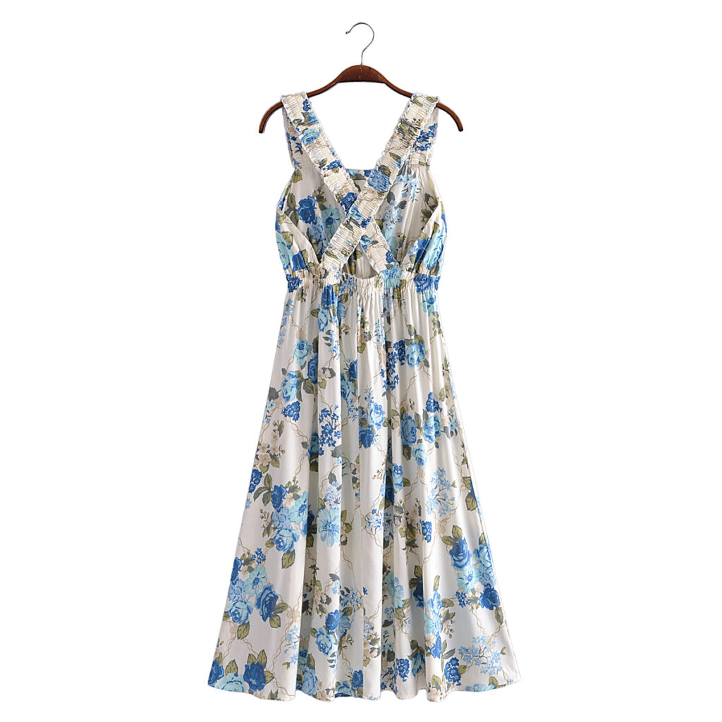 Vacation Summer Cross Backless Rayon Printing Slip Dress - Image 3