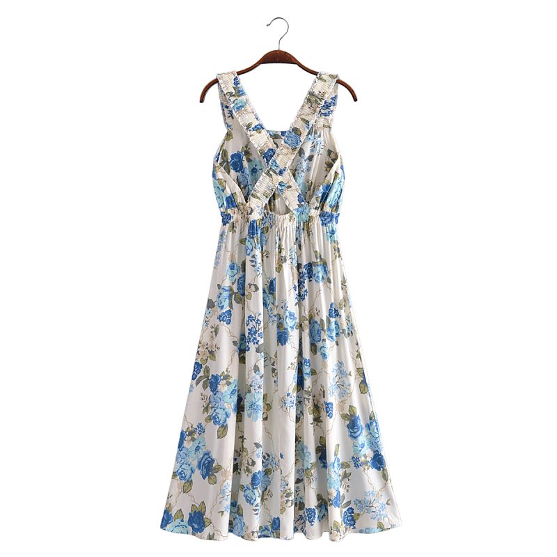 Vacation Summer Cross Backless Rayon Printing Slip Dress - Image 3