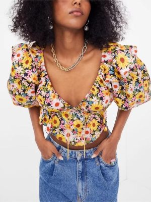 Early Spring French Printed Elegant Flower Sleeve Short Shirt