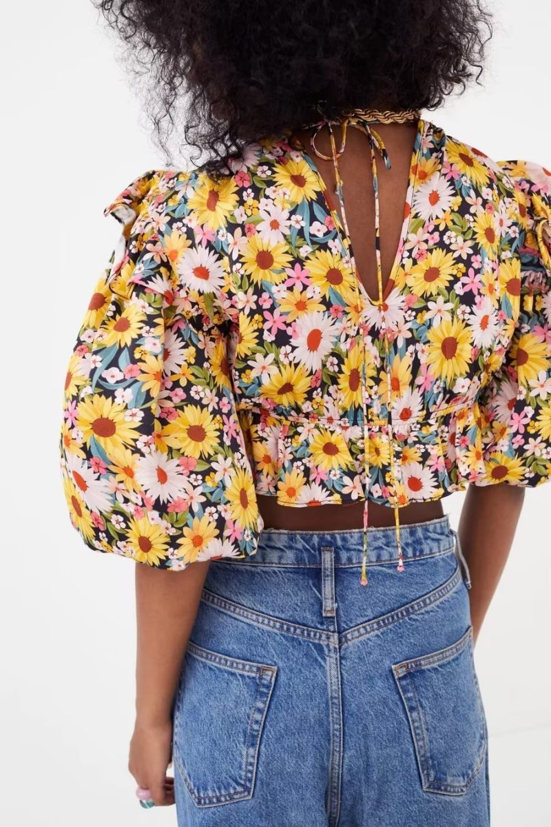 Early Spring French Printed Elegant Flower Sleeve Short Shirt - Image 2