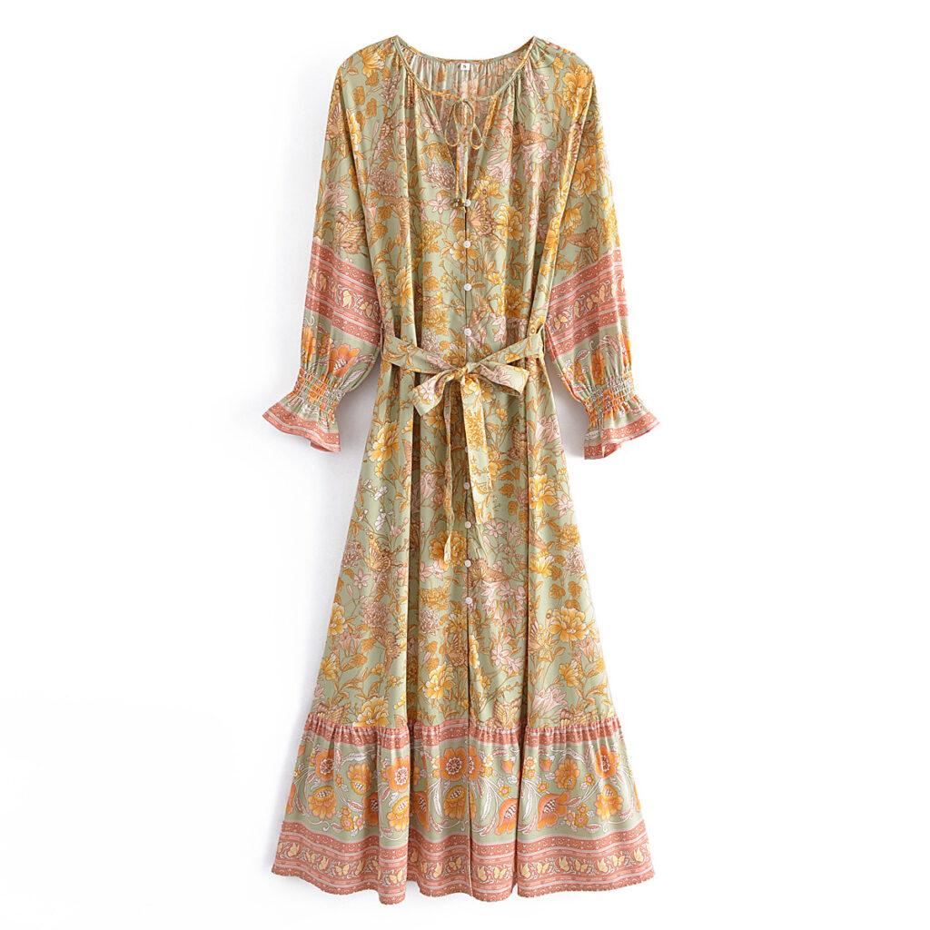 Spring Summer Rayon Positioning Floral Belt Tassel Maxi Dress - Image 2