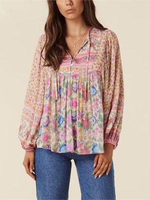 Spring Positioning Printing Patchwork Top Ethnic Vacation Long Sleeve Rayon Shirt Women