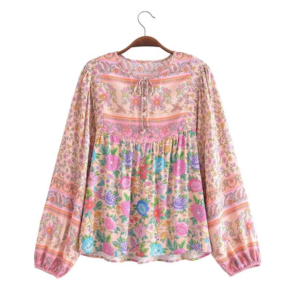 Spring Positioning Printing Patchwork Top Ethnic Vacation Long Sleeve Rayon Shirt Women - Image 2