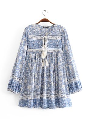 Spring Summer Rayon Long Positioning Printing Blue White Porcelain Dress Women Printed