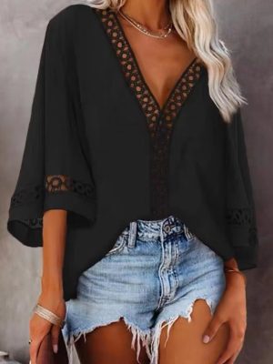 Women Clothing Shirt V neck Hollow Out Cutout Lace Shirt