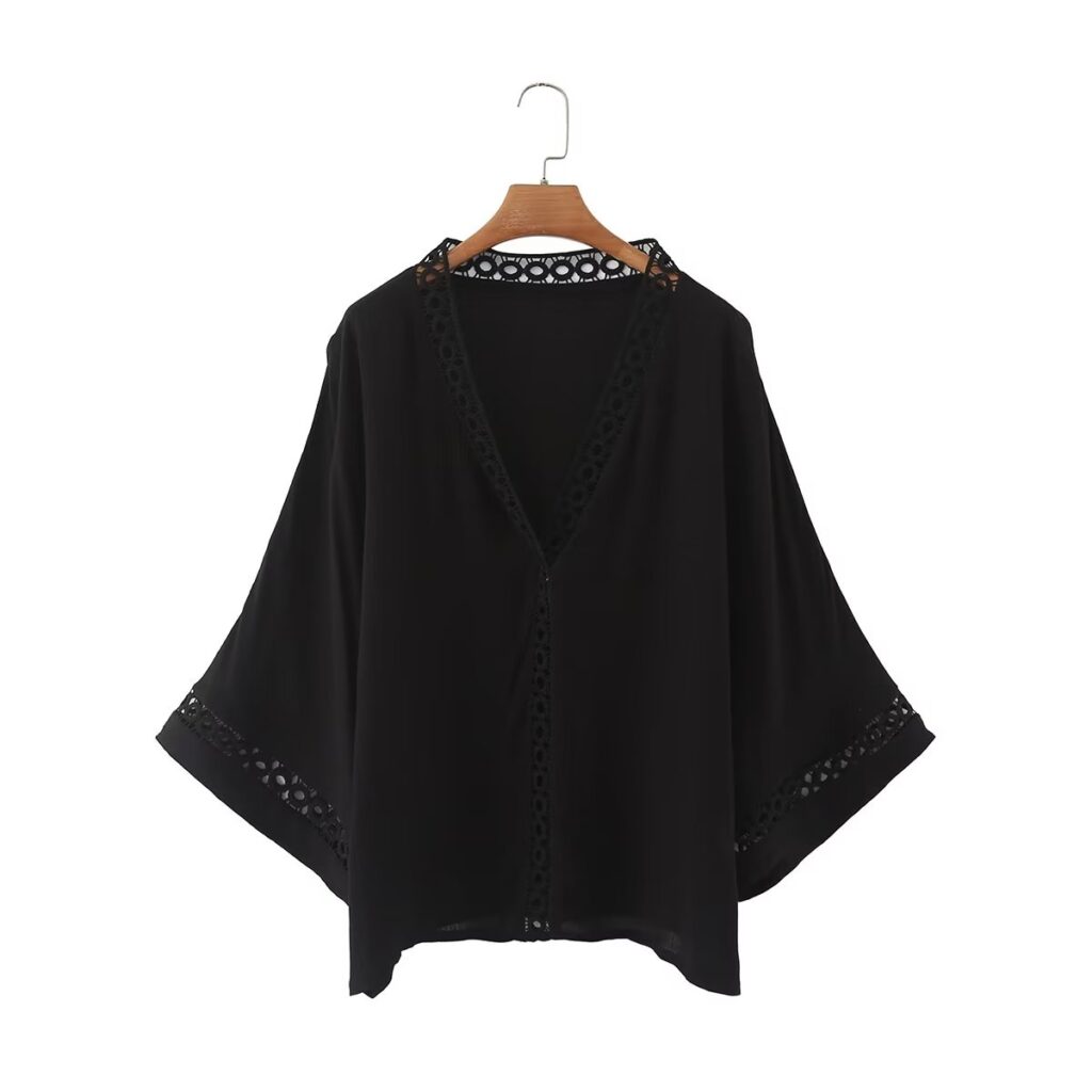 Women Clothing Shirt V neck Hollow Out Cutout Lace Shirt - Image 2