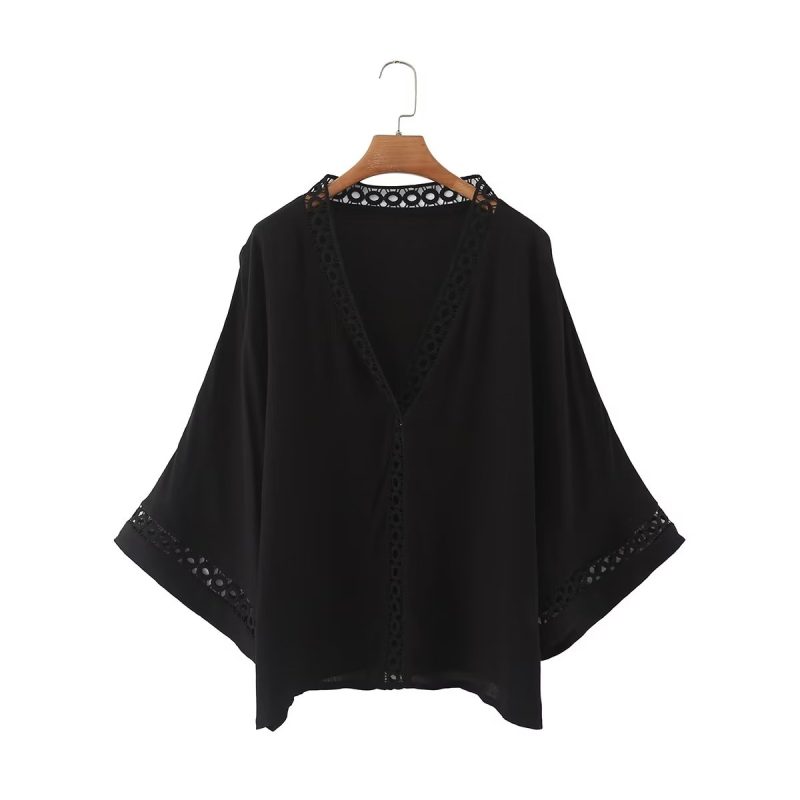 Women Clothing Shirt V neck Hollow Out Cutout Lace Shirt - Image 2