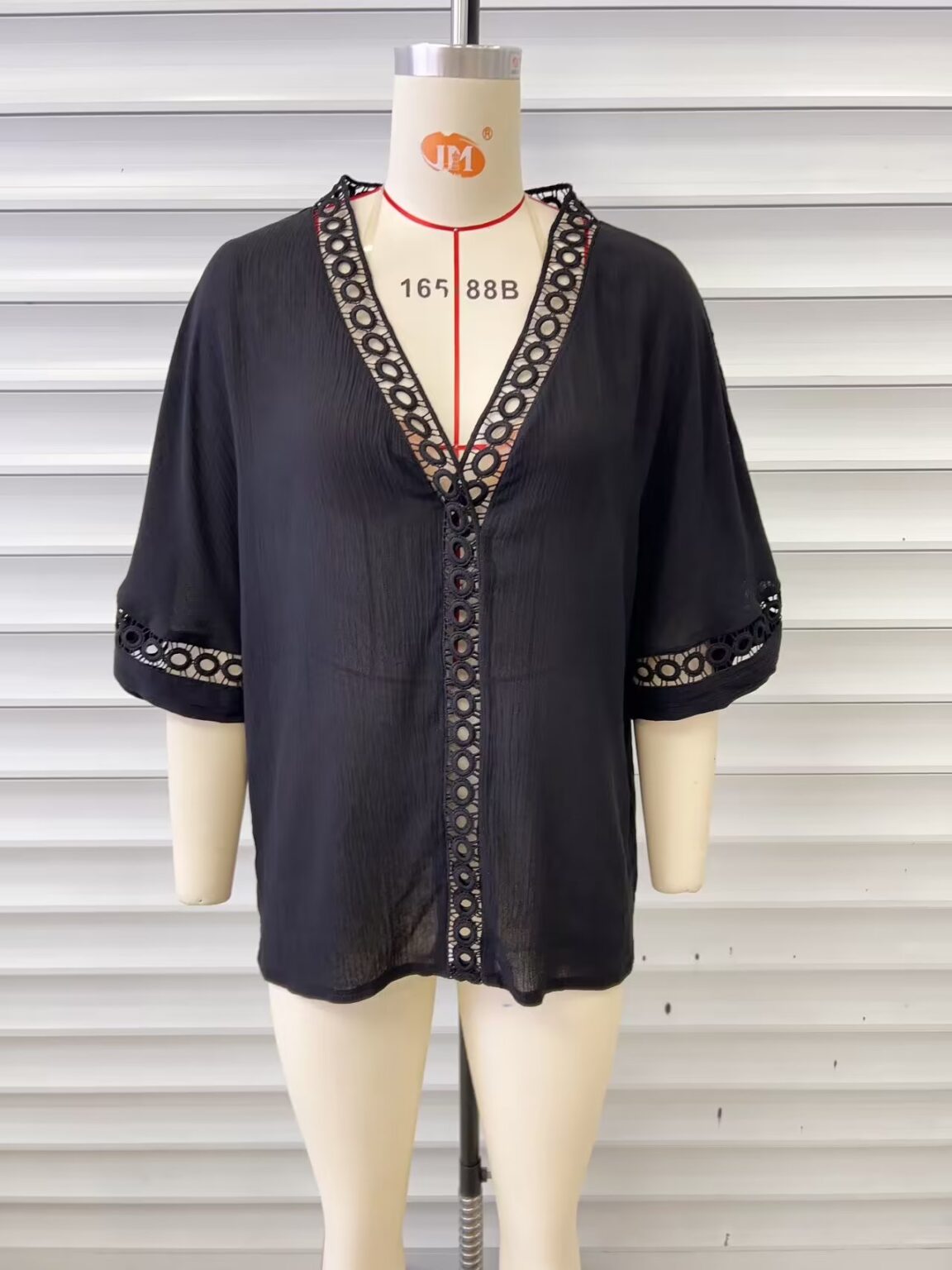 Women Clothing Shirt V neck Hollow Out Cutout Lace Shirt - Image 4