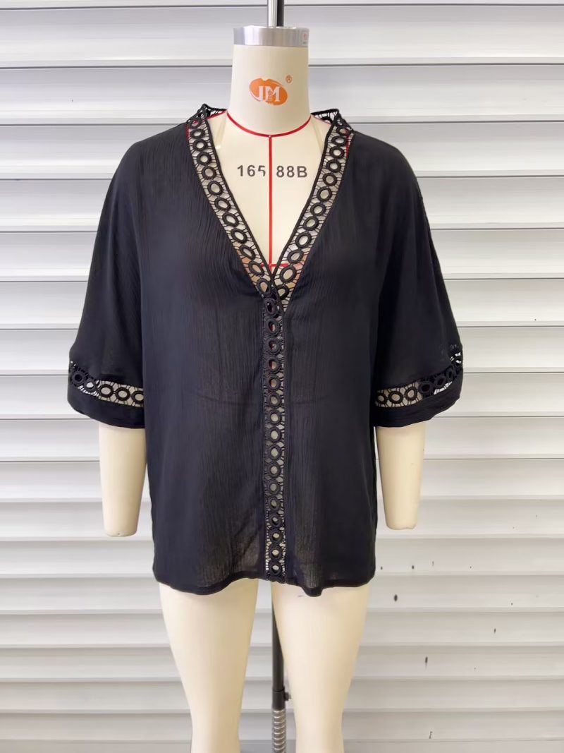 Women Clothing Shirt V neck Hollow Out Cutout Lace Shirt - Image 4