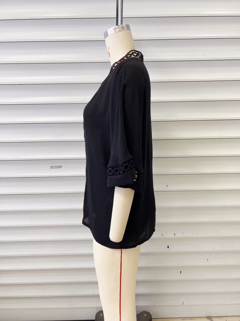 Women Clothing Shirt V neck Hollow Out Cutout Lace Shirt - Image 6