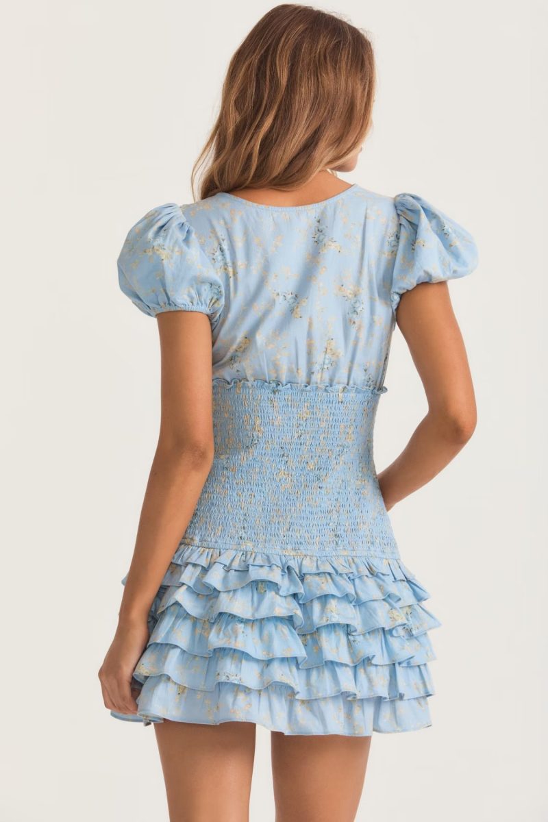 Women Clothing French Hem Multi Layer Stitching Puff Sleeve V neck Short Sleeve Dress - Image 2